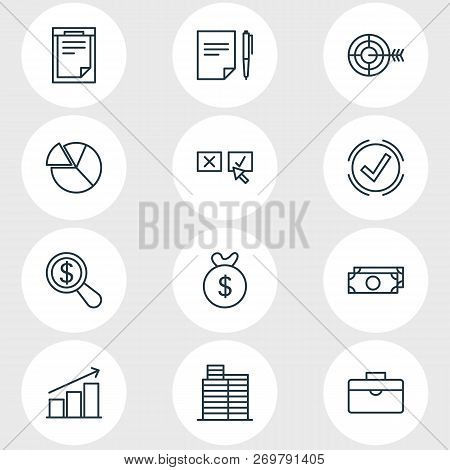 Vector Illustration Of 12 Business Icons Line Style. Editable Set Of Decision, Deside Task, Contract
