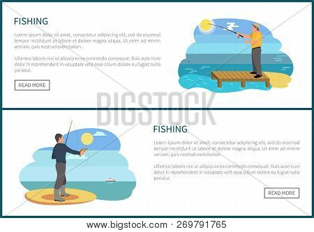 Fishing Posters Text Set Fishery Sample. Fisherman With Rod And Fish. Piscator Standing On Wooden Do