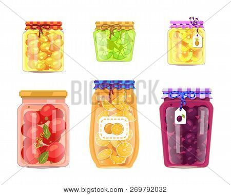 Unlabeled Preserved Tomato Vegetable Bottles And Canned Orange And Lime Fruit Jars With Tag On Strin