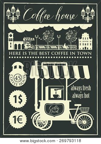 Vector Banner For A Coffee House And Set Of Design Elements With Mobile Coffee Shop, Old Cityscape A