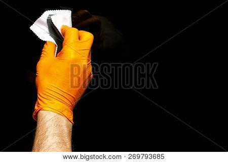 Car Polish Wax Worker Hands Polishing Car. Buffing And Polishing Vehicle. Car Detailing. Man Holds A