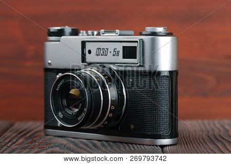 Moscow, Russia, April 11, 2017. The Old Soviet Rangefinder Camera Fed-5b, Released1976.
