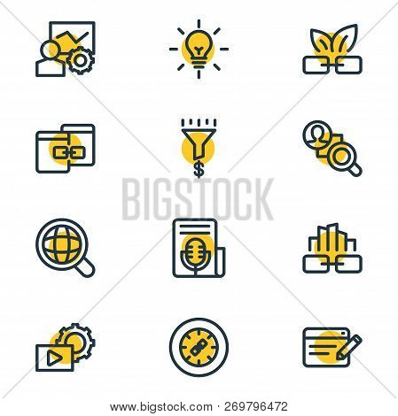 Illustration Of 12 Advertisement Icons Line Style. Editable Set Of Global Search, Link Building, Com