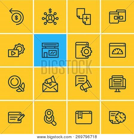 Illustration Of 16 Advertisement Icons Line Style. Editable Set Of Web Development Service, Duplicat