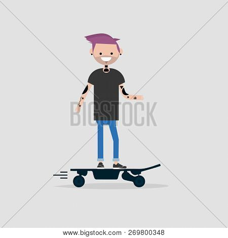 Young Male Hipster Character Rides On Electric Skateboard.flat Design