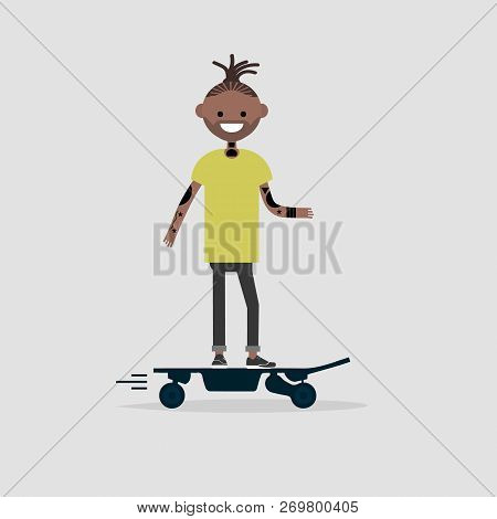 Young Black Male Hipster Character Rides On Electric Skateboard.flat Design