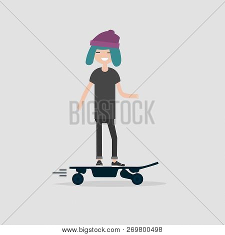 Young Female Hipster Character Rides On Electric Skateboard.flat Design