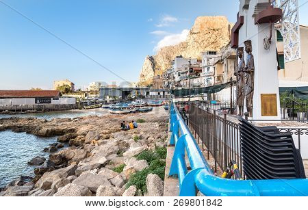 Sferracavallo, Sicily, Italy - October 1, 2018: View Of Harbor Of Sferracavallo Vilagge At Afternoon