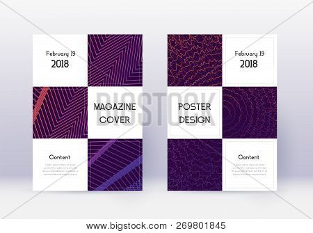 Business Cover Design Template Set. Violet Abstract Lines On Dark Background. Beauteous Cover Design