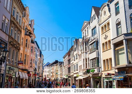 Bonn, Germany - June 29, 2018: Pedestrian Street In The Centre Of Bonn City In Germany