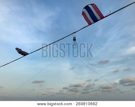 Sunset Blue Sky With Clouds Have Thai And Malaysia Flag And Light Blub