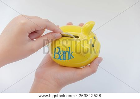 Piggy Piggy Bank With The Inscription Bank. Hand Puts Euro Into The Piggy Bank. Concept Of Bank Depo