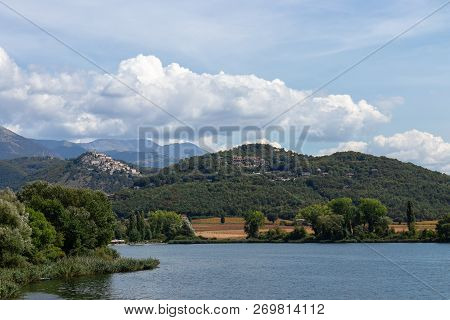 Beautiful View Of The Lake Piediluco And The Ancient  Town Labro On The Hill. Terni, Umbria, Italy