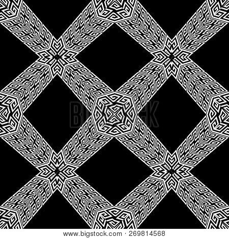 Geometric Black White 3d Greek Vector Seamless Pattern. Monochro