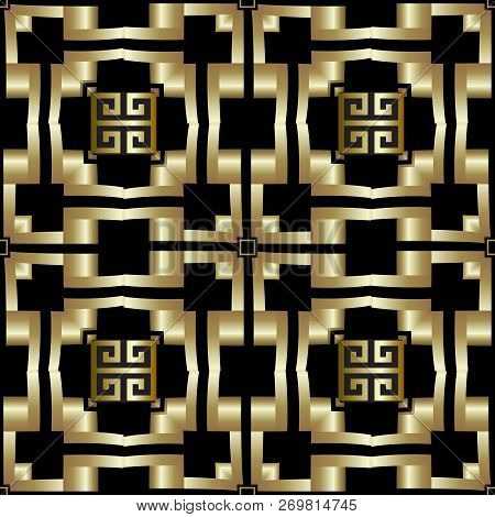 Gold 3d Checkered Ornamental Greek Vector Seamless Pattern. Orna