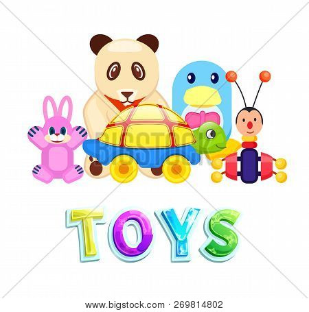 Set Of Kids Toys Isolated On White Card, Vector Illustration Pretty Bear, Pink Rabbit Near Tortoise 