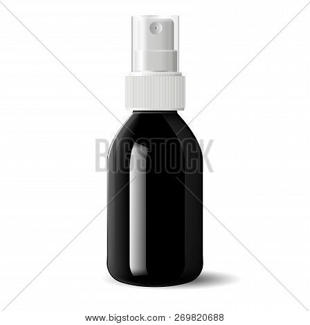 Realistic Black Glossy Glass Or Plastic Cosmetic Bottle Can Sprayer Container. Dispenser Cockup Temp