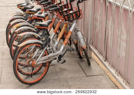 Tianjin, China - 21 October 2018: Mobike App Controlled Bikes In Tianjin China