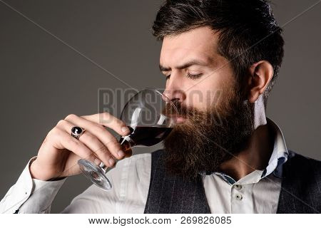 Handsome Man With Beard Drinking Red Wine With Enjoyment. Bearded Man Tasting Glass Of Wine. Man In 