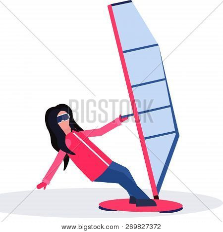 Woman Windboarder Holding Sail Girl Windboarding Windsurfing On Snow Concept Extreme Winter Sport Fe