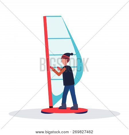 Man Windboarder Holding Sail Guy Windboarding Windsurfing On Snow Concept Extreme Winter Sport Male 