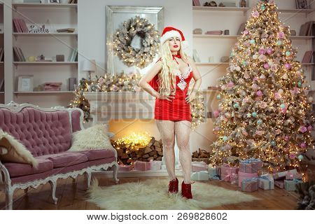 Sexy And Alluring Woman Near The Christmas Tree With Gifts.