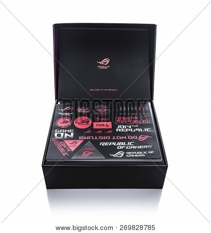 Uzhgorod, Ukraine - October 24, 2018: Box Of Motherboard Asus Rog Crosshair Vii Hero On White Backgr