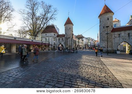 Tallinn, Estonia, November 4, 2018. Twin Towers Of Viru Gates In Old Town