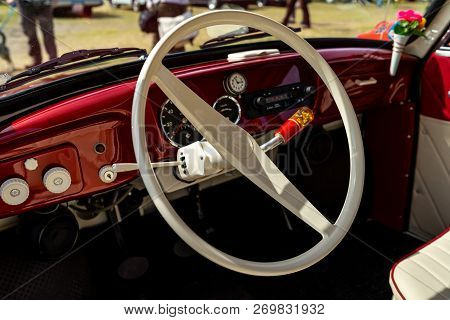 Paaren Im Glien, Germany - May 19, 2018: Interior Of A Compact Car Trabant 600 (p60), 1963. Exhibiti