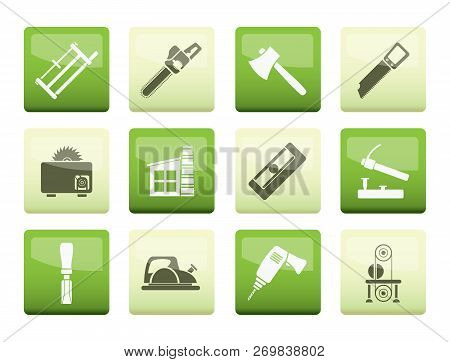 Woodworking Industry And Woodworking Tools Icons Over Color Background - Vector Icon Set