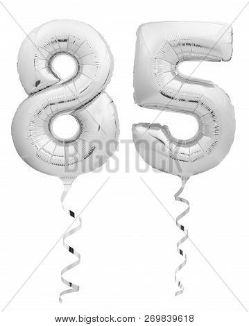 Silver Chrome Number Eighty Five 85 Made Of Inflatable Balloon With Ribbon On White