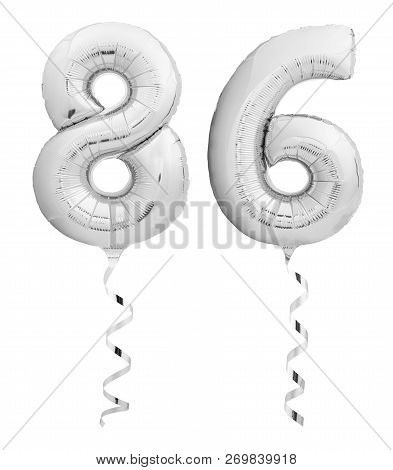 Silver Chrome Number Eighty Six 86 Made Of Inflatable Balloon With Ribbon On White