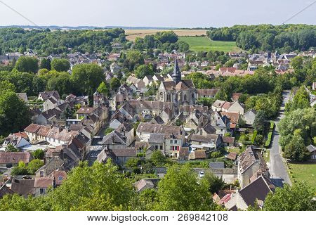Aerial View Of The Village  Of Mello, France. Sunny Day In August.