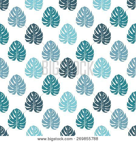 Bluevector Pattern With Monstera Palm Leaves On White Background. Seamless Montera Summer Tropical F