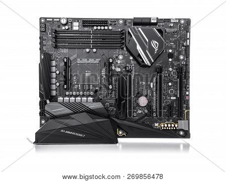 Uzhgorod, Ukraine - October 24, 2018: Motherboard Asus Rog Crosshair Vii Hero On White Background. R