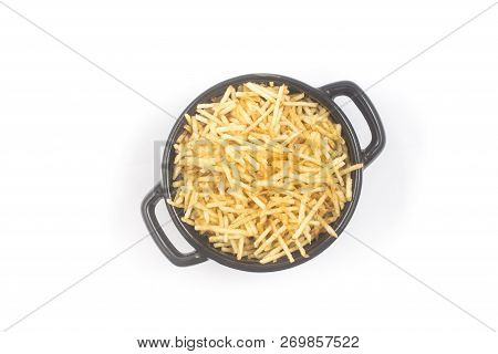 Potato Sticks In A Small Pan. Batata Palha Isolated On White Background. Top View