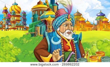 Cartoon Scene With Medieval Arabic Kingdom Prince Or King Traveling - Far East Ornaments - The Stage