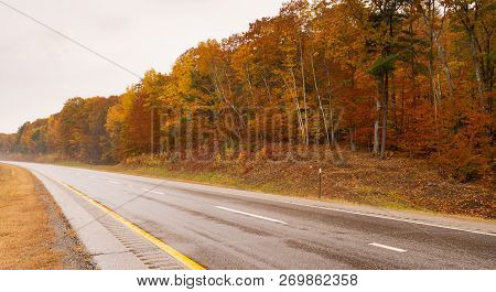 No Traffic On The Wet Highway Flanked By Fall Color In New England On The Open Road