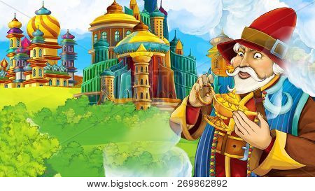Cartoon Scene With Medieval Arabic Kingdom Prince Or King Traveling - Far East Ornaments - The Stage