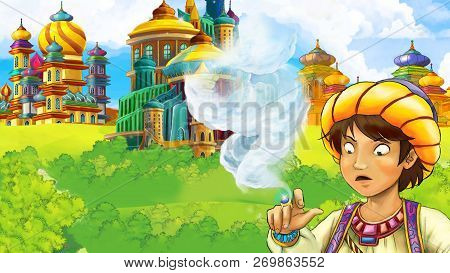 Cartoon Scene With Medieval Arabic Kingdom Prince Or King Traveling - Far East Ornaments - The Stage
