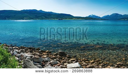 Norwegian Sea Bay In Summer Scenery. View Of Tjeldsundet Strait From Hinnoya Island In Northern Norw