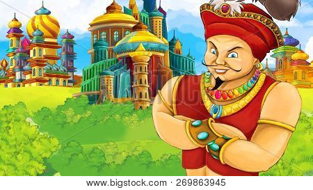 Cartoon Scene With Medieval Arabic Kingdom Prince Or King Traveling - Far East Ornaments - The Stage