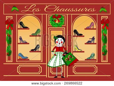 Illustration Of A French Boutique Storefront Specializing In Shoes That Are Displayed In The Windows