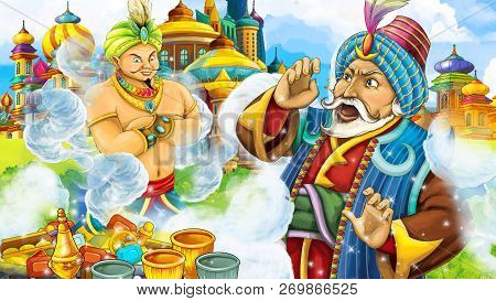 Cartoon Scene With Medieval Arabic Kingdom Prince Or King Traveling Encountering Magician - Far East