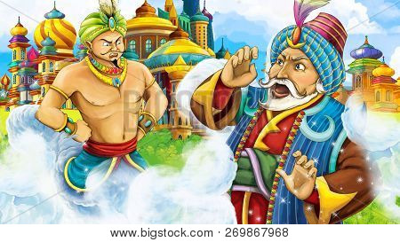 Cartoon Scene With Medieval Arabic Kingdom Prince Or King Traveling Encountering Magician - Far East