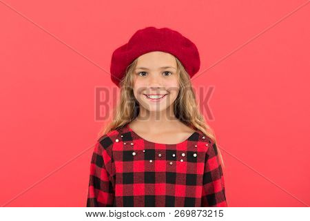 How Wear Beret Like Fashion Girl. Kid Little Girl With Long Hair Posing In Hat And Checkered Dress O