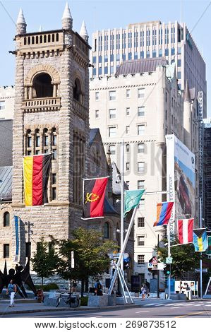 Montreal, Quebec, August 21, 2017 - Vertical Looking At An Old Bell Tower On Sherbrooke Street With 
