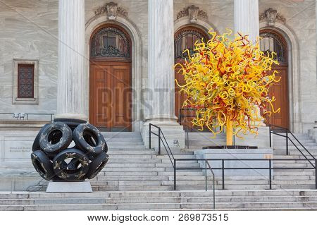 Montreal, Quebec, August 21, 2017 - Horizontal Close Up Artwork Displayed In Front Of The Museum Of 