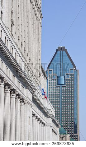 Montreal, Quebec, August 21, 2017 - Vertical Side View Perspective, Of The Old And New Building Arch