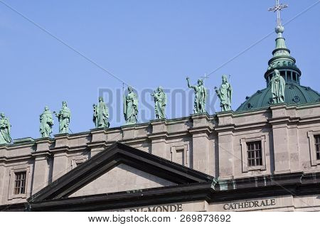 Montreal, Quebec, August 21, 2017 - Horizontal Of The Ornate Architecture And Dome Of Mary, Queen Of